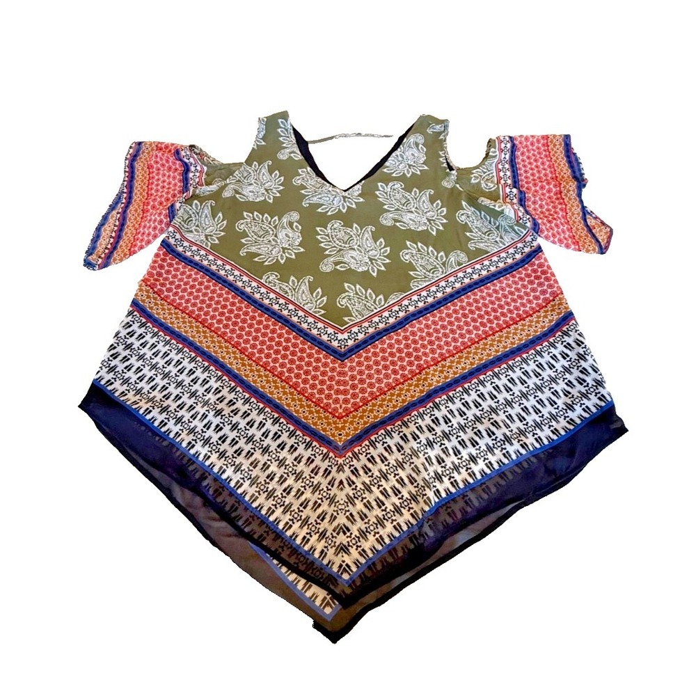 DR2 Cold Shoulder Blouse Womens Boho-Style V-Neck Handkerchief Paisley Peasant M